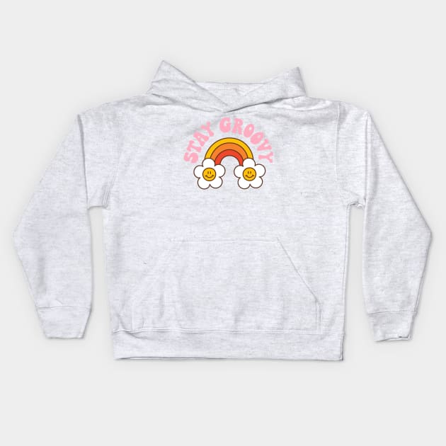 Retro rainbow and daisy with text: Stay groovy Kids Hoodie by Viaire
